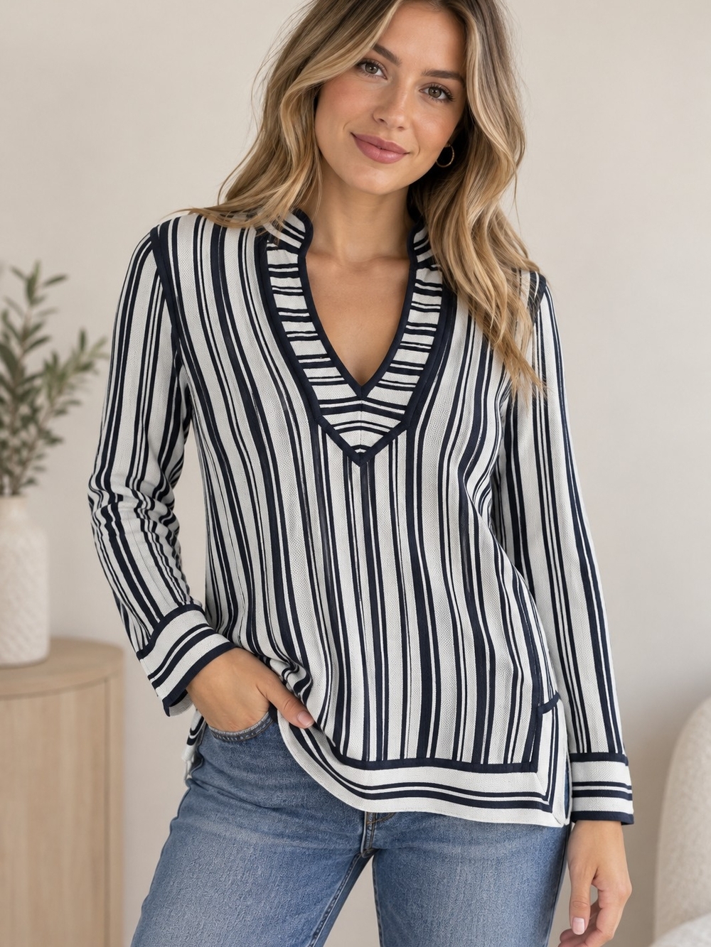 Tory Burch Navy and White Striped V-Neck Long Sleeve Top